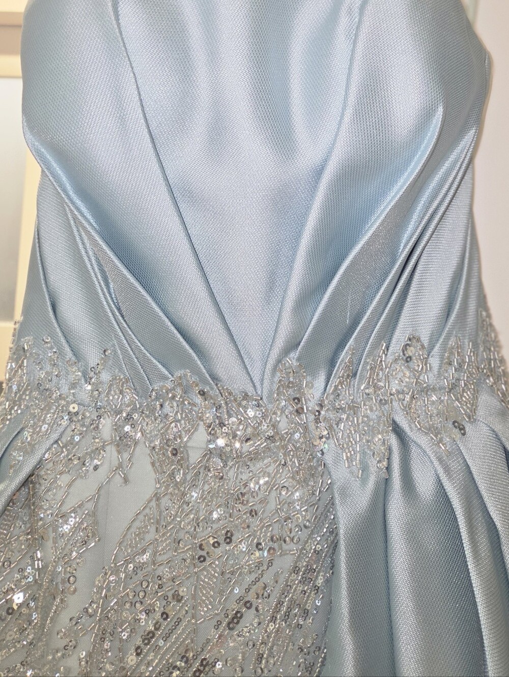 MNM Couture Strapless Ice Blue Embellished Gown with Draped Overskirt - Picture 6 of 7